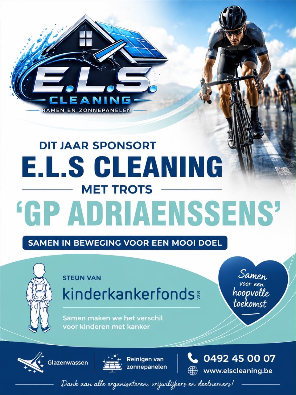 Affiche: E.L.S. Cleaning sponsort GP Adriaenssens ten voordele van het Kinderkankerfonds